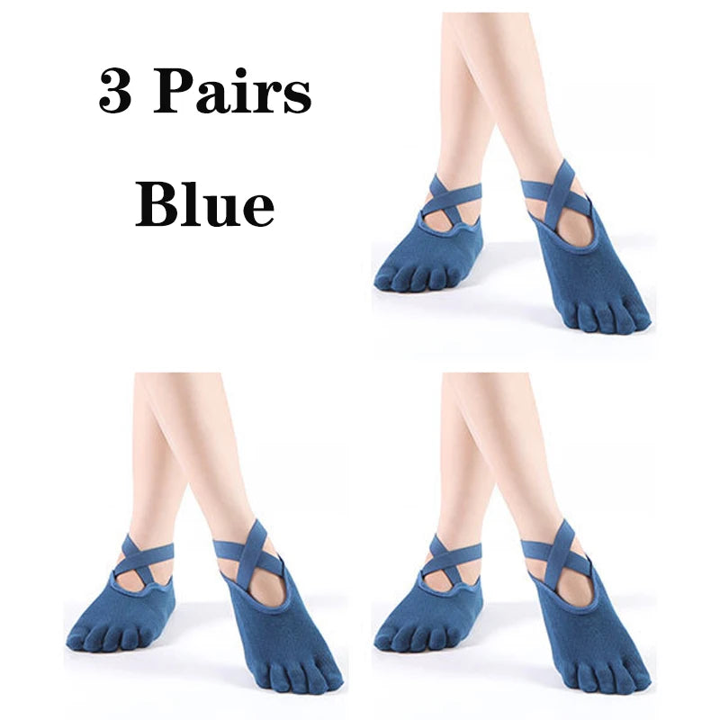 3 Pairs Non-slip Yoga Socks For Women Low-Ankle Pilates Socks Fingers Backless Bandage Solid Color Five Toe Floor Sport Socks