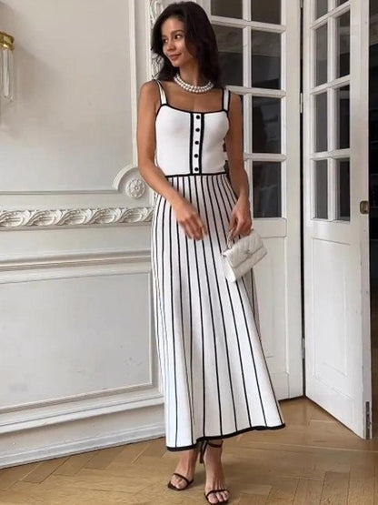 Tossy Striped Knit Backless Maxi Dress Women Slim Contrast Strapless Fashion Elegant Party Dress 2024 Knitwear Female Long Dress - MauBai