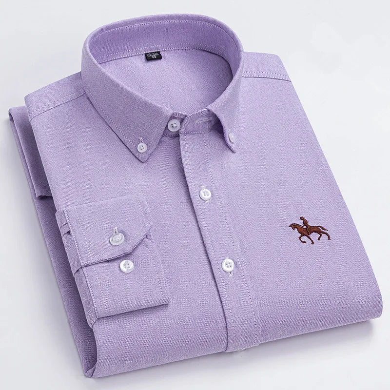 100% Cotton Oxford Man Leisure Embroidered Horse Shirts Streetwear Oversized Men Shirt Floral Long Sleeve Casual Plus Size