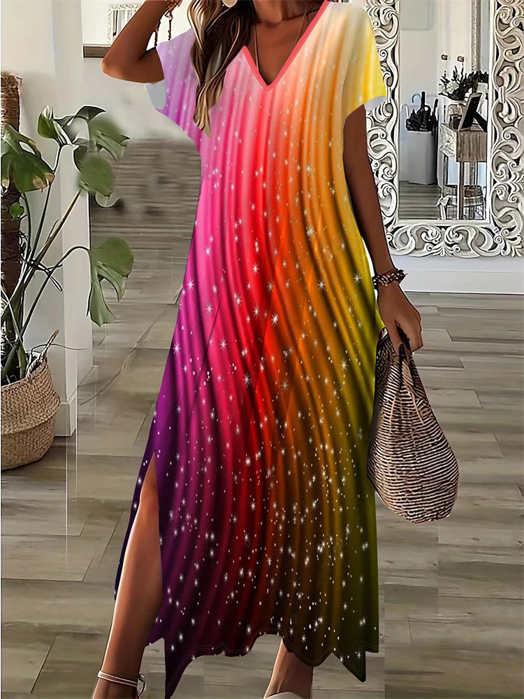 Women's Dresses Summer Ladies Textured Printed Evening Fashion Splicing V Neck Loose Bohemian Resort Split Long Dress Basic