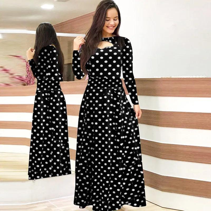 Spring /Autumn Fashion Flower Long Sleeved O-Neck Hollow Slim Fit Dress Women Elegant Long Vestido Maxi Clothes Robe Sexy Femme - MauBai