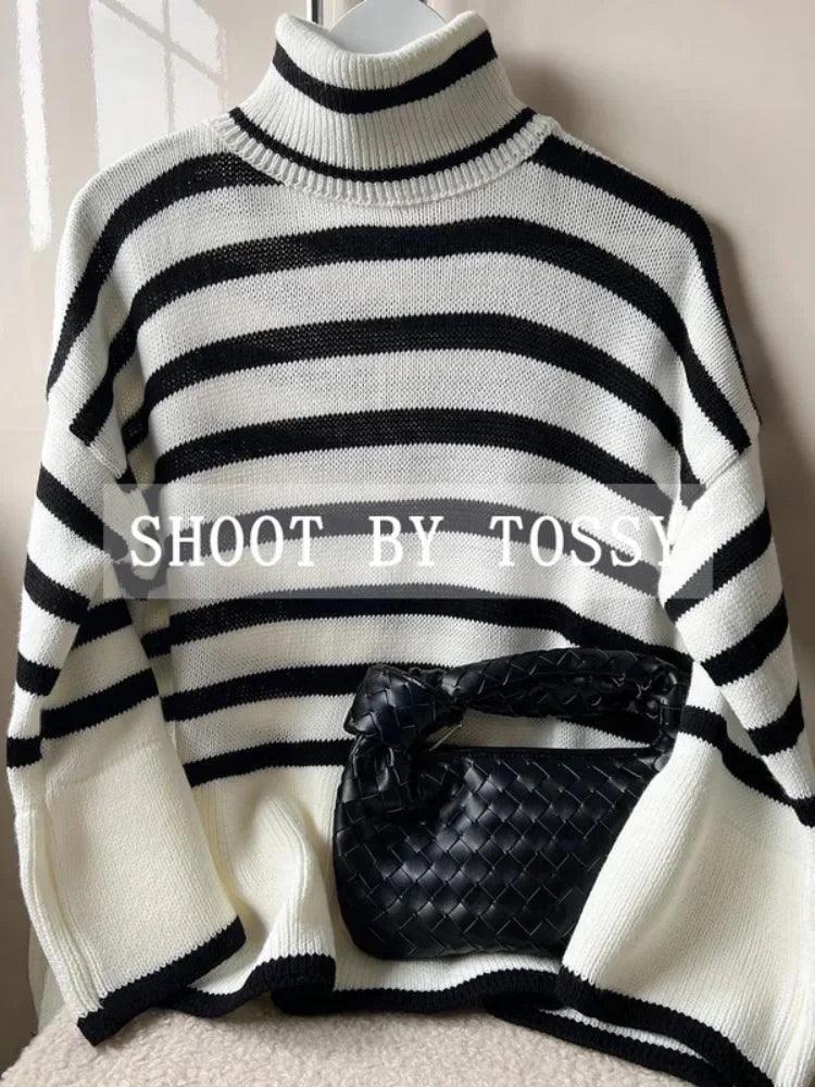 Tossy Winter Women’s Long Sleeves Knit Sweater Turtleneck Striped Print Loose Pullover Tops 2023 New Autumn Oversized Sweater - MauBai