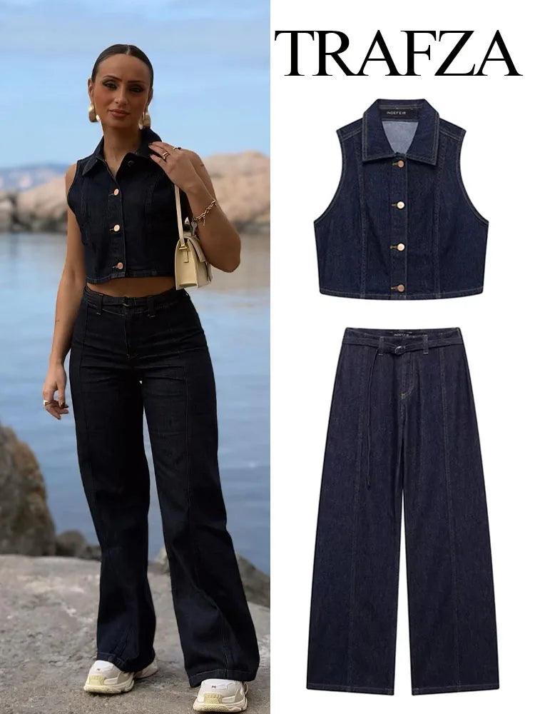 TRAFZA Women Fashion Pants Suit Lapel Single Breasted Sleeveless Vest Top+High Waist Zipper Belt Decorate Casual Wide Leg Pants - MauBai