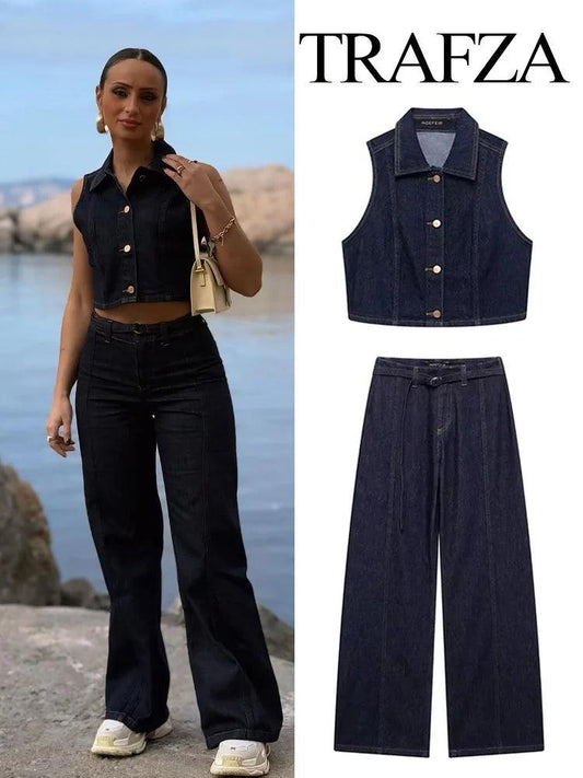 TRAFZA Women Fashion Pants Suit Lapel Single Breasted Sleeveless Vest Top+High Waist Zipper Belt Decorate Casual Wide Leg Pants - MauBai