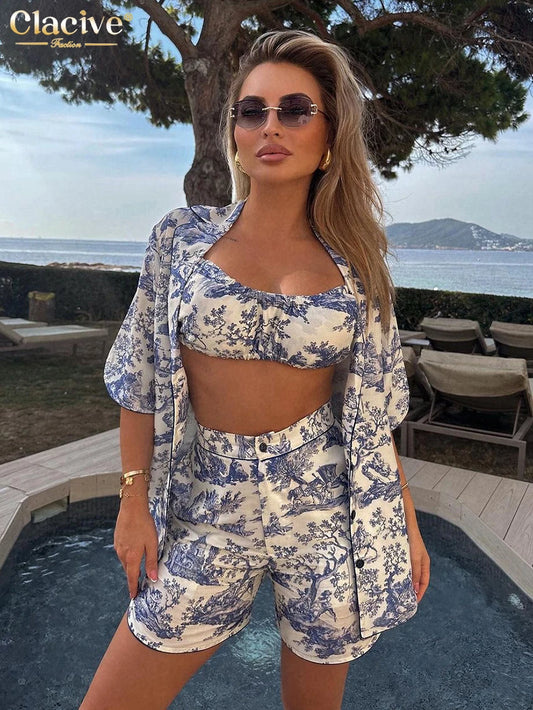 Clacive Sexy Loose Print 3 Piece Sets Women Outfit Vintage Short Sleeve Shirt + Bra With High Waist Shorts Set Female Streetwear - MauBai