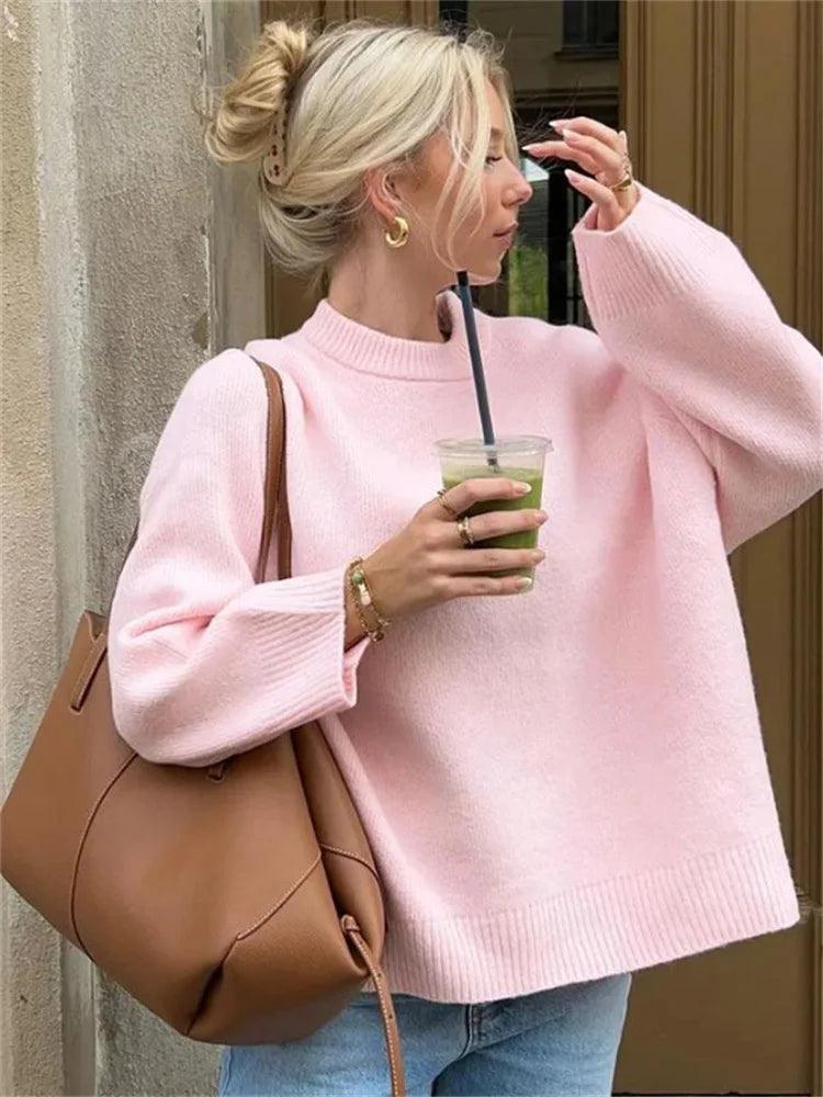 Tossy Pink Knitwear Sweater Pullover For Women Long Sleeve Fashion Loose Patchwork Cute Y2k Top Female Knit Elegant Pullover New - MauBai