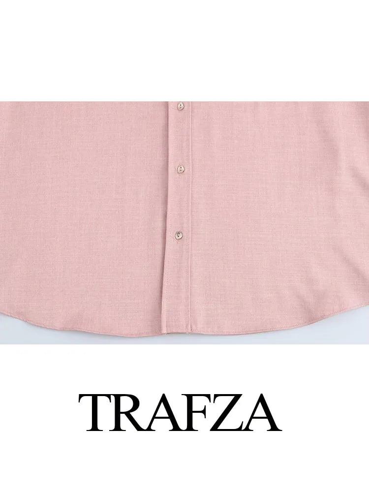 TRAFZA Women's Fashion Suit Pink Turn-Down Collar Long Sleeve Single Breasted Shirts+High Waist Long Pants Female Spring Sets - MauBai