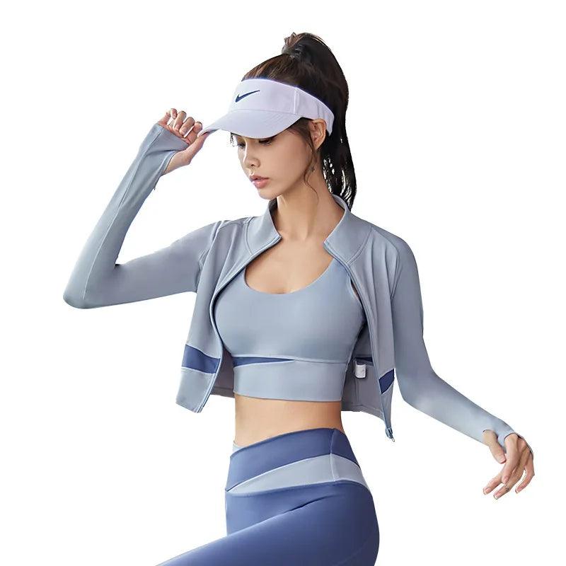 Women Yoga Patchwork 3 Piece Set Fitness Gym Coats+Bra+Leggings Workout Running Sportswear Clothing Tracksuit Ensemble Femme - MauBai