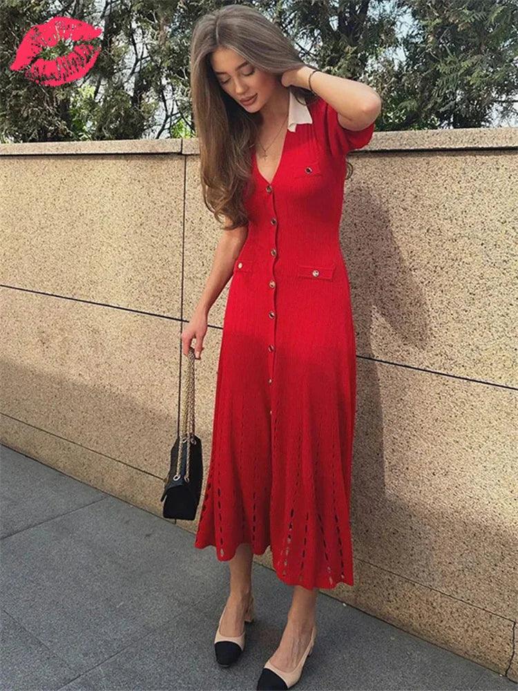 Tossy V-Neck Knit Contrast Long Dress Women Hollow Out Lapel Fashion High Waist Elegant Party Dress Knitwear Ladies Maxi Dress - MauBai