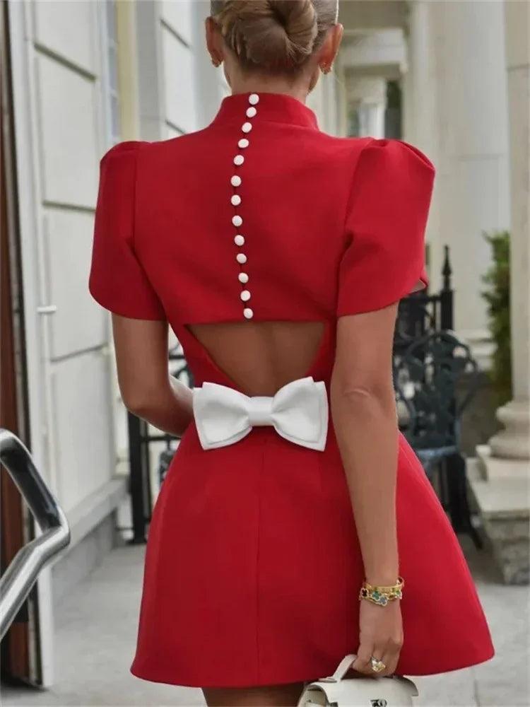 Tossy Fashion Tee Bow Backless Mini Dress Female Short Sleeve Patchwork Hollow Out Elegant Party Dress Gown Luxury Women's Dress - MauBai