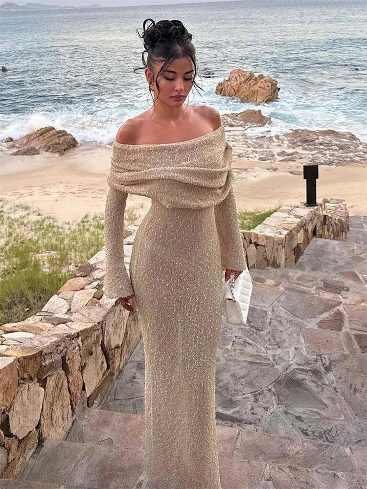 Tossy Knit Hollow Out Off-Shoulder Maxi Dress Female Cover up See-Through Sleeve Holiday Beach Party Dress Women Knitwear Dress - MauBai