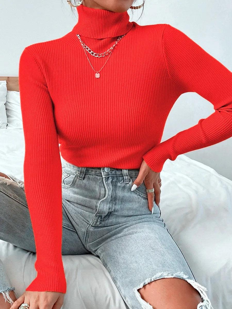 2025 Autumn Winter Women Knit Solid Turtleneck Pull Sweater Casual Rib Jumper Tops Female Home Pullover Y2K Clothing - MauBai