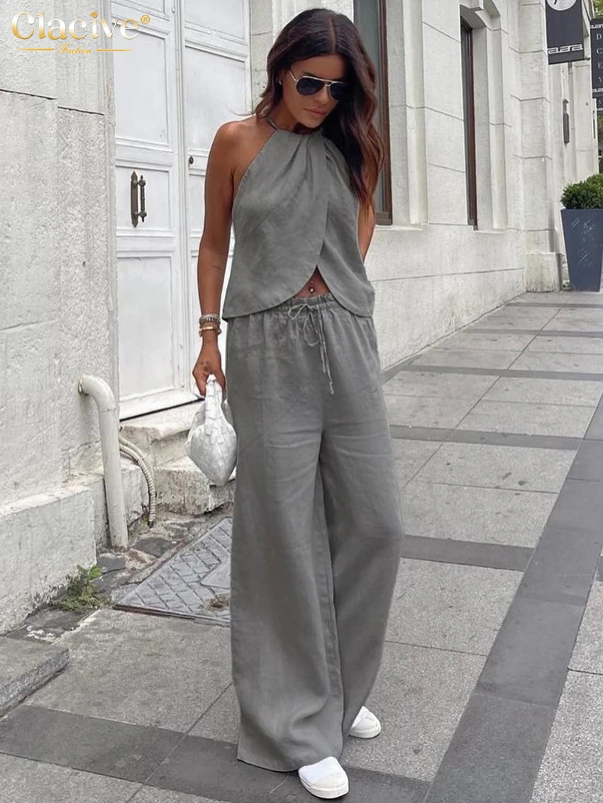 Clacive Sexy Loose Gray Cotton 2 Piece Sets Women Outfit 2024 Summer Halter Sleeveless Tank Top With High Waist Wide Pants Set