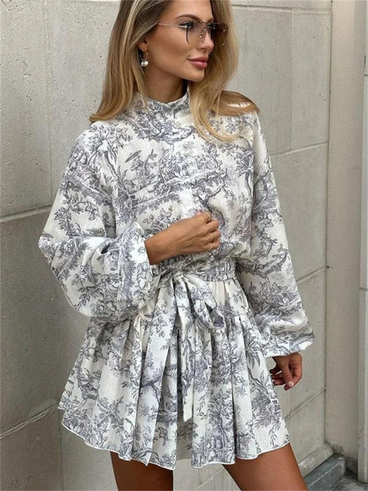 Tossy Vintage Printed Lace-Up Mini Dress For Women Fashion Ruffled Pleated Dress Bandage Long Sleeve High Street Women's Dress - MauBai