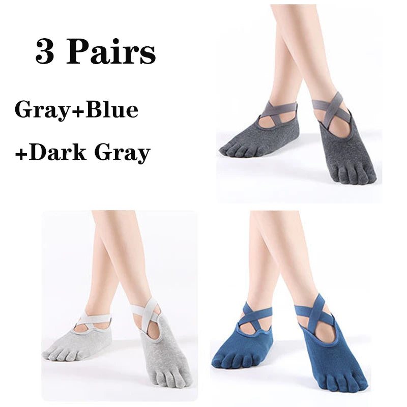 3 Pairs Non-slip Yoga Socks For Women Low-Ankle Pilates Socks Fingers Backless Bandage Solid Color Five Toe Floor Sport Socks