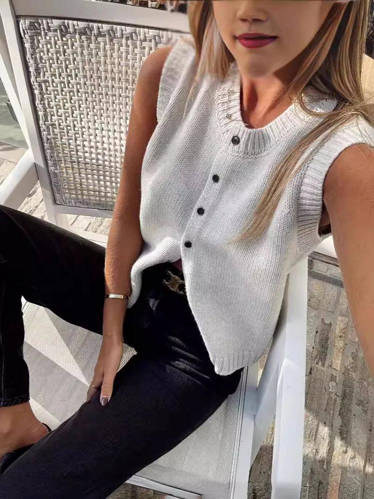 Tossy Knitted Vests Top For Women Casual Single-Breasted Knitwear Cardigan Tank Sweater Female Solid Sleeveless 2024 Fashion - MauBai