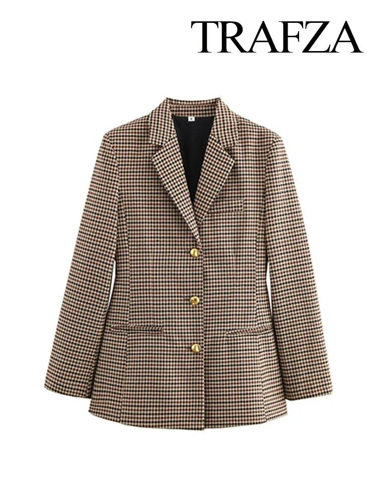 TRAFZA Women Fashion Jackets Khaki Houndstooth Turn-Down Collar Long Sleeves Single-Breasted Female Spring Streetwear Blazers - MauBai