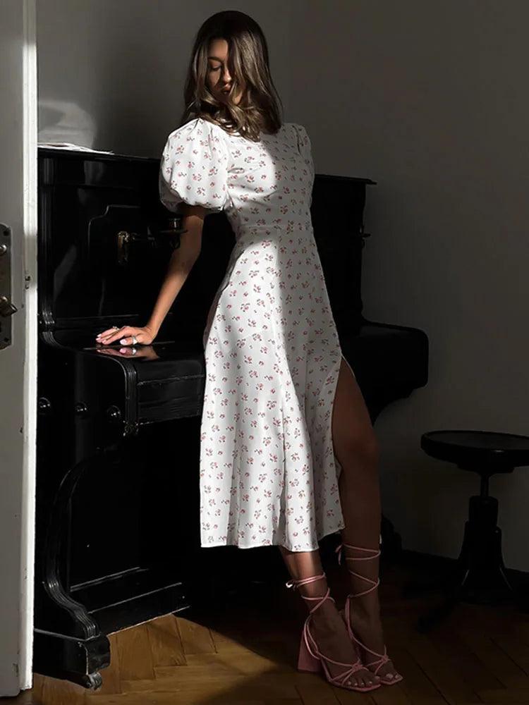 Tossy Printed Backless Slit Long Dress Women's Summer Round Neck Puff Sleeve High Waist Color Block Casual Elegant Long Dress - MauBai