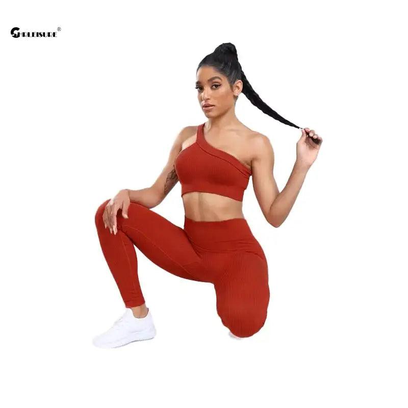 CHRLEISURE Seamless Sports Set Women Fitness Outfit Rib Yoga Suit Running Bra without Pad with Workout Leggings Gym Sportswear - MauBai