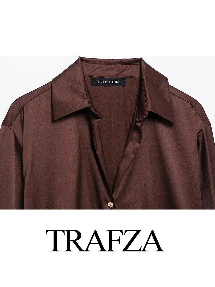 TRAFZA Women Spring Fashion Shirt Satin Texture Loose Single-breasted Women Casual Lapel Solid Long-sleeved Commuter Top - MauBai