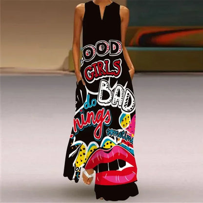 2024 Spring Summer Hot Women's Dresses Art Line Mask Print Sexy Sleeveless V-neck Long Dress Casual Women's Clothing Maxi Dress