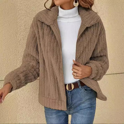 Women Fleece Basic Jacket Casual Female Turn Down Collar Teddy Pit Warm Zip Up Short Coats FYY-90089