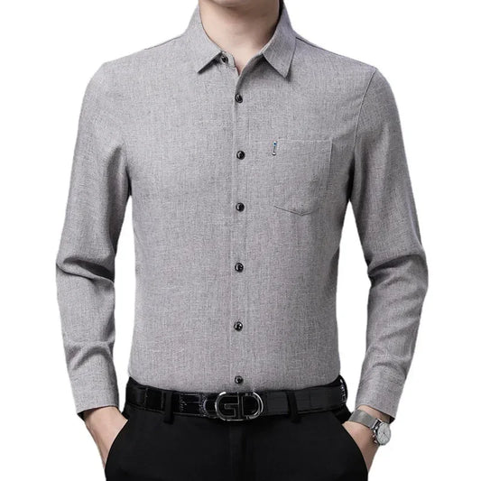 Gift Four Seasons Non ironing Middle aged Men Casual Shirt Imitation Linen Solid Color Shirt Fashion Business True Pocket DadSet