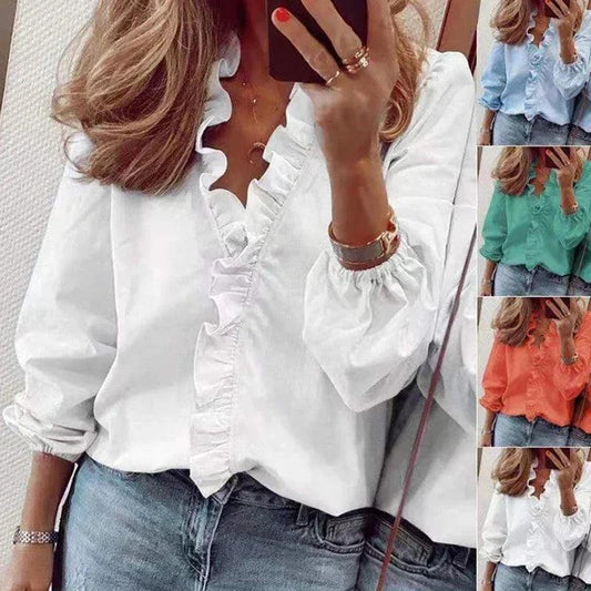 2024 Vintage Ruffles Women Blouses Autumn Long Sleeve Office Lady Elegant Tops Cotton Casual Tops V-neck Shirt Clothing - MauBai