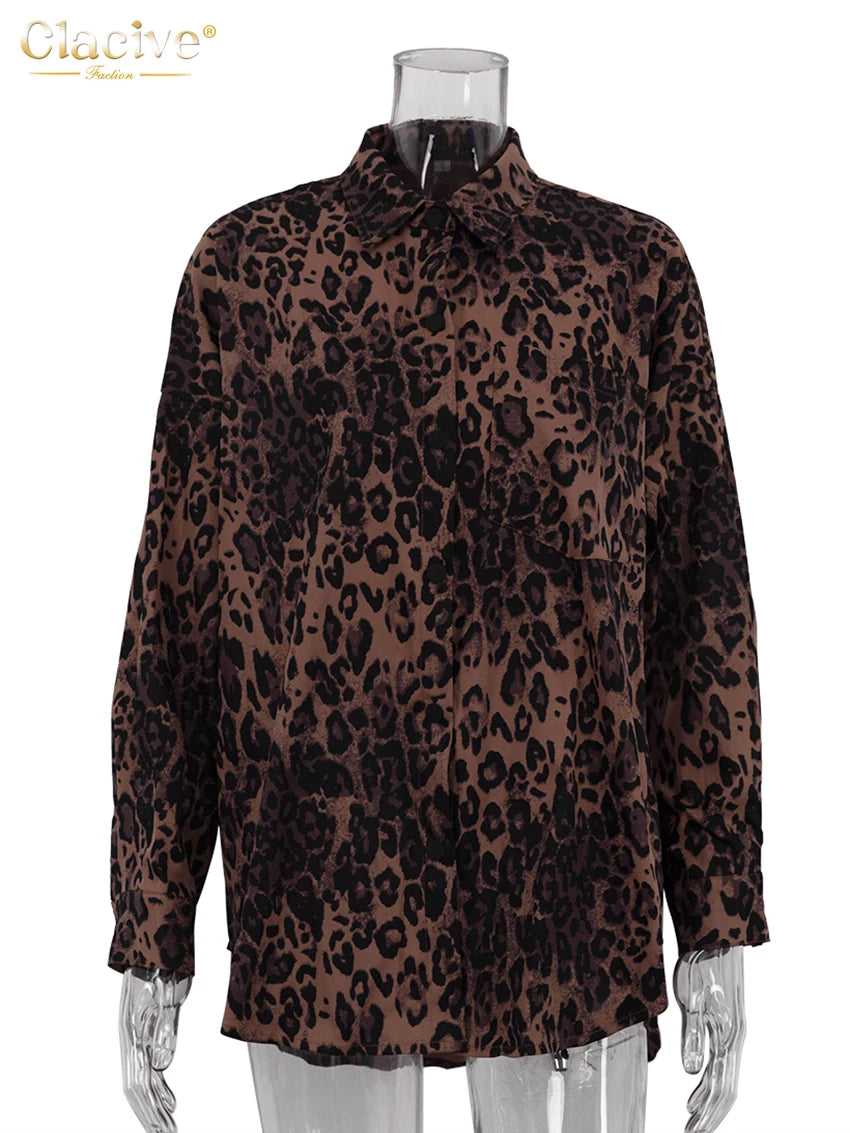 Clacive Fashion Leopard Print Women's Shirt 2024 Elegant Lapel Long Sleeve Blouse Vintage Classic Blusas Top Female Clothing