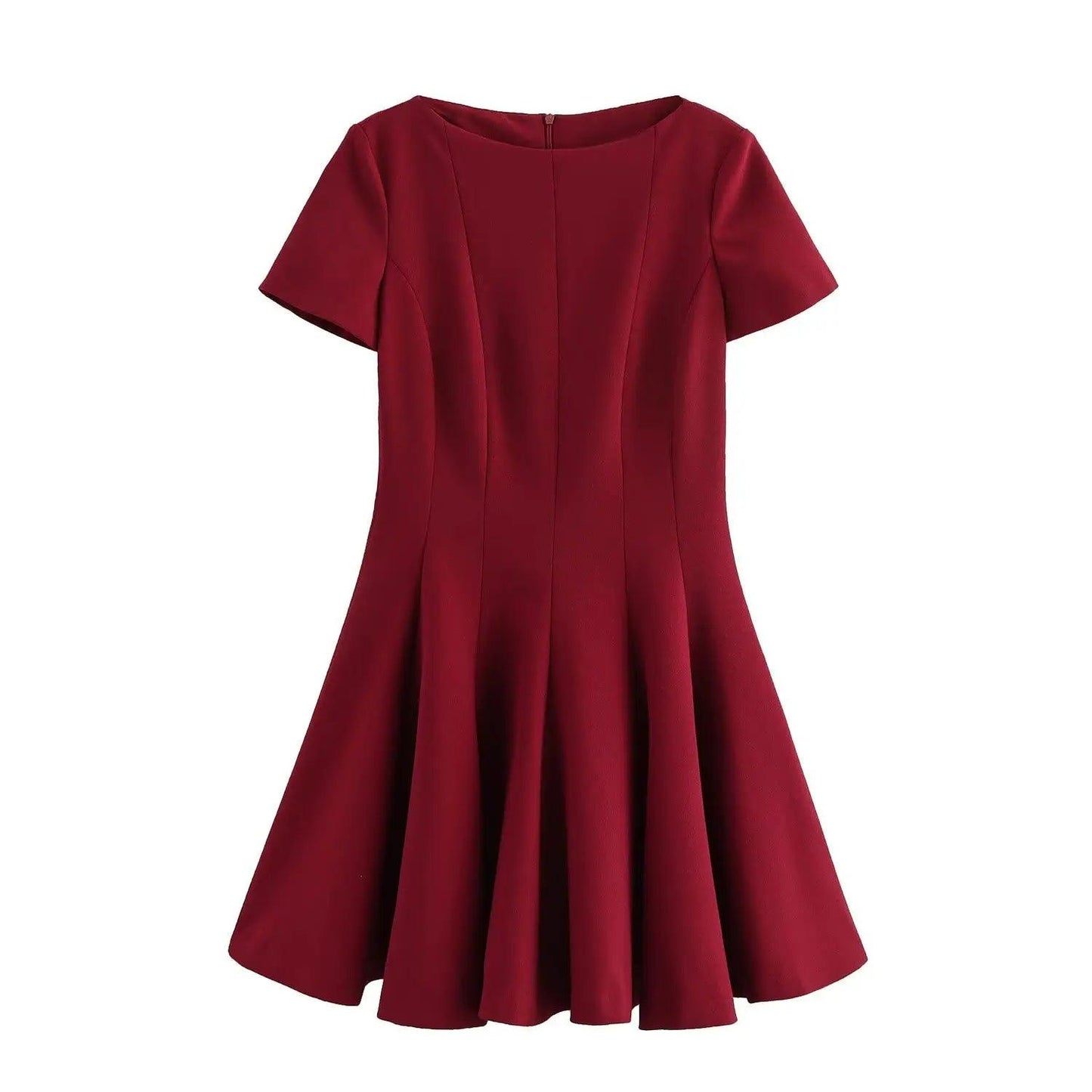 TRAFZA Women Fashion O-Neck Short Sleeves Zipper Solid Mini Dress Female Vintage Versatile Casual Slim Pleated Dress Mujer - MauBai