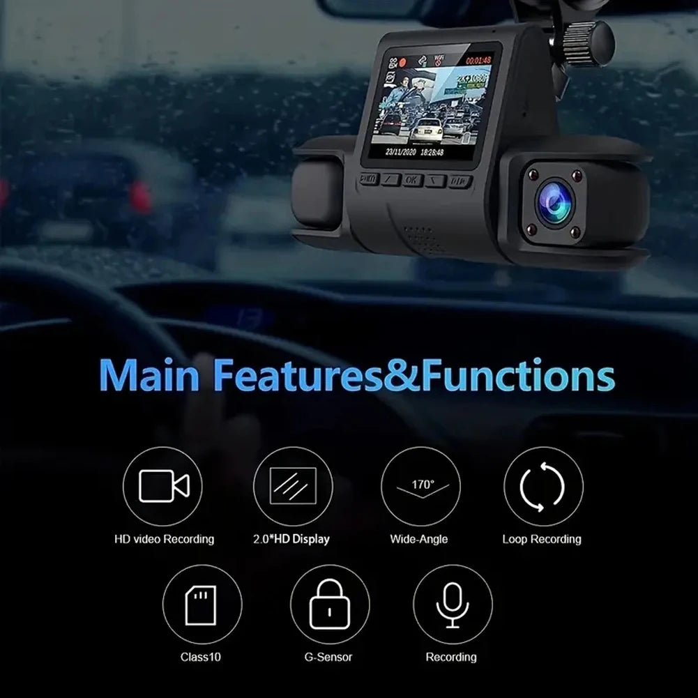 3 Camera Lens Car DVR 3-Channel Dual Lens Dash Cam HD 1080P Dash Camera Video Recorder 24H Parking Monitoring Dashcam