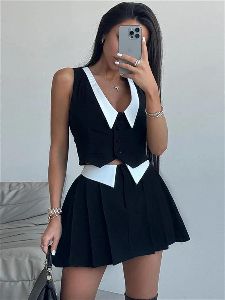 Tossy Summer Sexy 2 Piece-Set Skirt Female 2025 V-Neck Sleeveless Vestidos And High Waist Pleated Skirts Sets Women's Clothes - MauBai