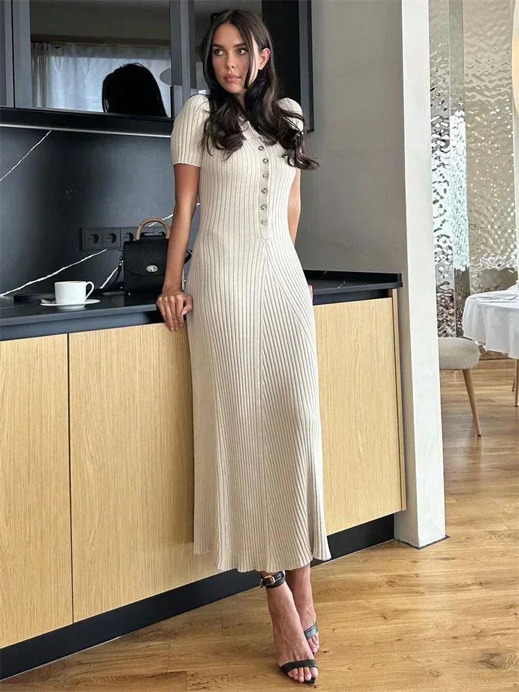 Tossy White Knit Fashion Maxi Dress For Women Short Sleeve Patchwork Elegant Party Dress Lapel High Waist Knitwear Women's Dress - MauBai