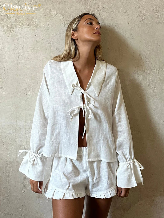 Clacive Fashion Loose White Cotton 2 Piece Set Women Outfit Casual Long Sleeve Shirt With High Waist Short Set Female Streetwear