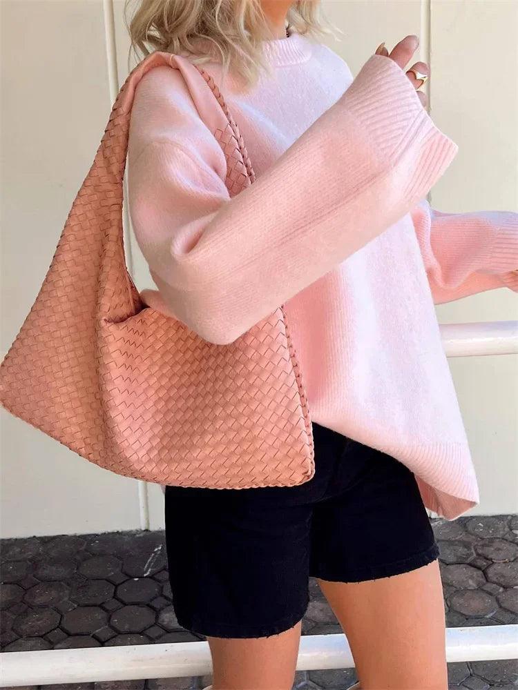 Tossy Pink Knitwear Sweater Pullover For Women Long Sleeve Fashion Loose Patchwork Cute Y2k Top Female Knit Elegant Pullover New - MauBai