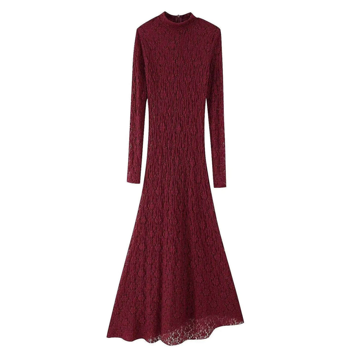 TRAFZA Women Elegant Wine Red Rear Zipper Party Midi Dress Woman Chic Long-Sleeved Asymmetry Lace Decoration Sexy Evening Dress - MauBai