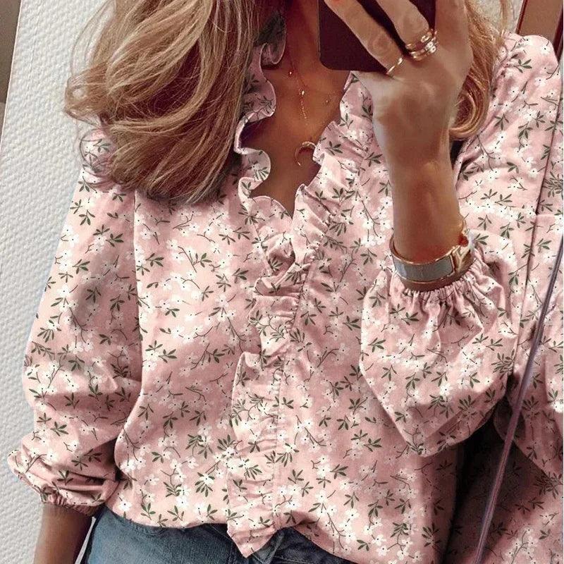 2024 Vintage Ruffles Women Blouses Autumn Long Sleeve Office Lady Elegant Tops Cotton Casual Tops V-neck Shirt Clothing - MauBai