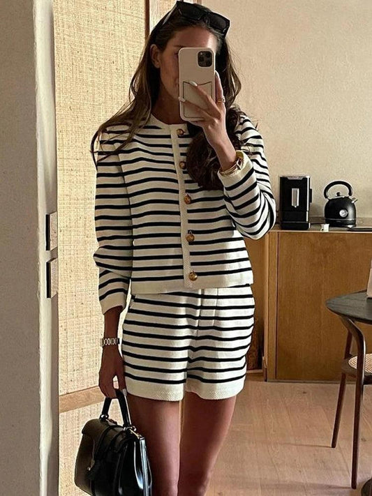 Tossy Striped Knit 2 Piece-Set Shorts Women Fashion Zebra Printed Cardigan And High Waist Patchwork Shorts Sets Knitwear Outfits - MauBai