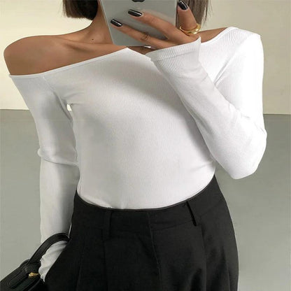 Fashion Skew Collar Off-shoulder Long-sleeved T-shirts Women Spring 2025 New Solid Slim Fit Crop Top Sexy Hollow Out Tees Shirts