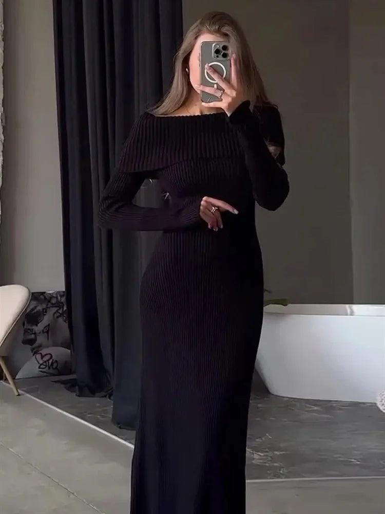 Tossy Fashion Knit Long Dress Off-Shoulder Female Ribbed Loose High Waist Elegant Autumn Party Dress Ladies Knitwear Maxi Dress - MauBai