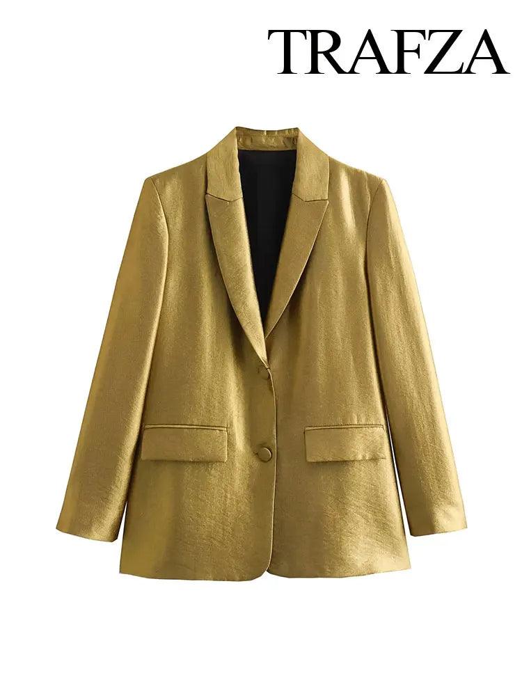 TRAFZA Autumn New Women's Fashion Gold Blazer Retro V Neck Party Long Sleeve Button Up Women's Pocket Casual Blazer Chic Top - MauBai