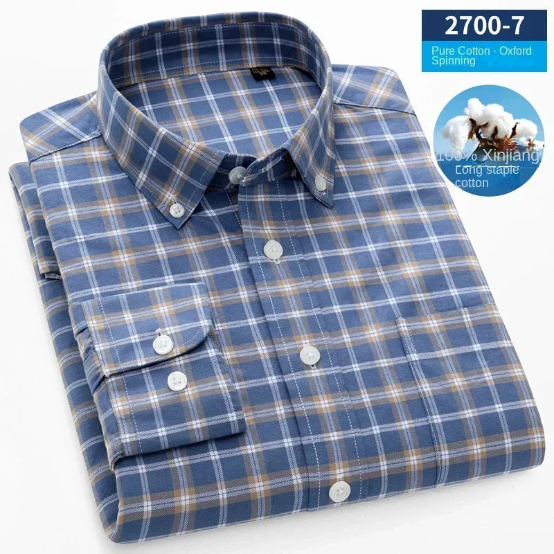 Plus size new cotton Oxford shirt men's long sleeve leisure business striped enzyme washed shirt men's tide, men dress shirt ,