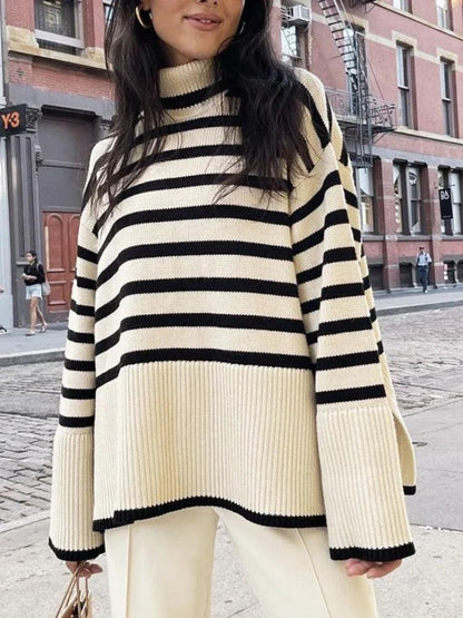 Tossy Winter Women’s Long Sleeves Knit Sweater Turtleneck Striped Print Loose Pullover Tops 2023 New Autumn Oversized Sweater - MauBai