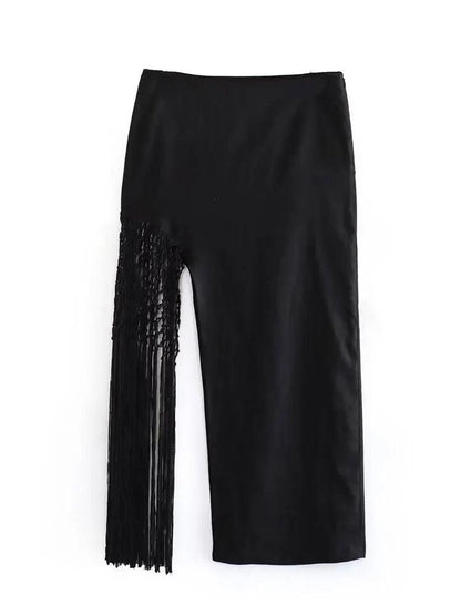 Tossy Tassel Hollow Out Maxi Skirt Sets Female Black Summer Sexy 2 Piece-Set Backless Lace-Up Crop top And Long Skirt Outfits - MauBai