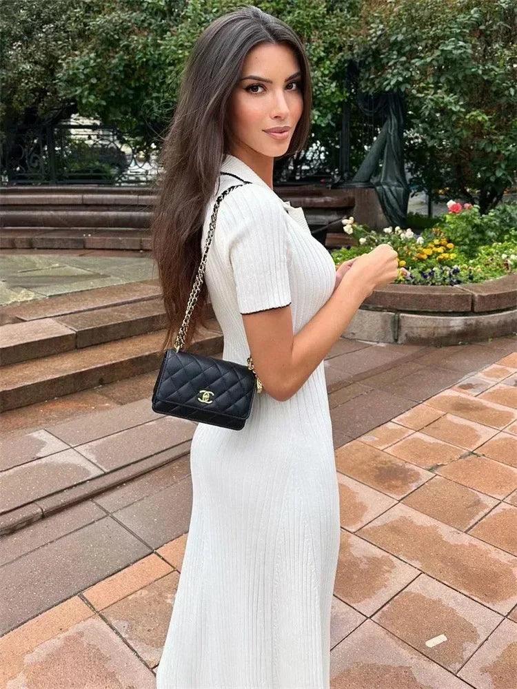 Tossy White Knit Fashion Maxi Dress For Women Short Sleeve Patchwork Elegant Party Dress Lapel High Waist Knitwear Women's Dress - MauBai