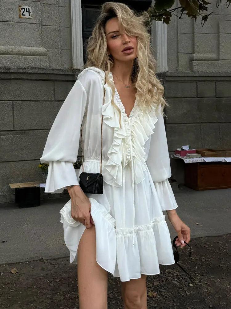 Tossy Ruffled V-Neck White Mini Dress Female Patchwork Long Sleeve Elegant Bandage Fashion Dress High Waist Lace-Up Women Dress - MauBai