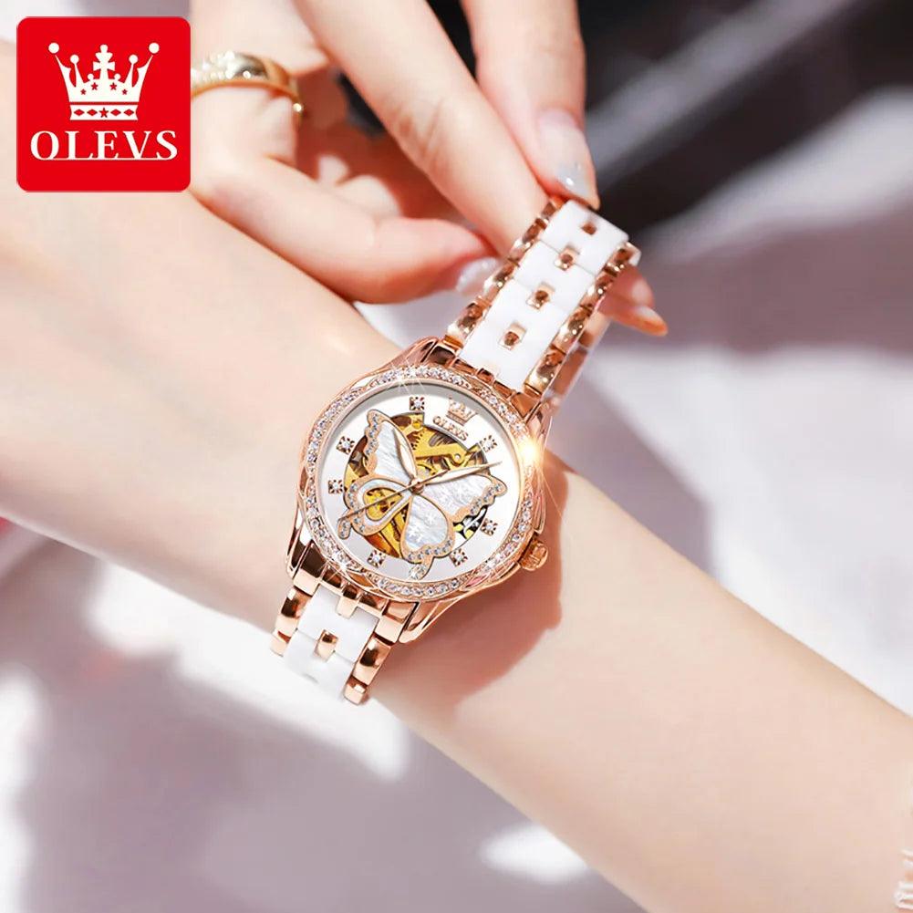 OLEVS 6622 Butterfly Dial Luxury Mechanical Watch For Women Hollow Ceramic Strap Wristwatch Waterproof Original Woman Watches