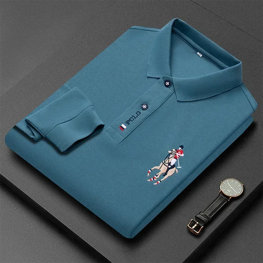 Grey-blue lapel embroidery men's POLO shirt young and middle-aged fashion leisure personality long sleeve T-shirt shirt tide T