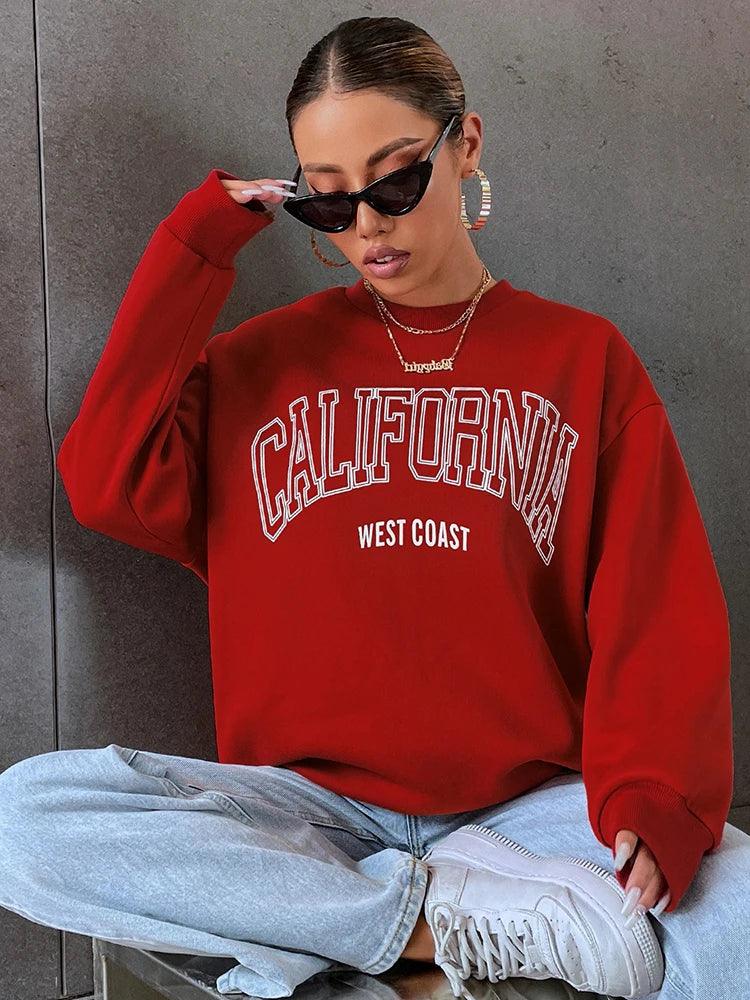 Korean Trend Woman Sweatshirts California West Coast Print Female hoodie Long Sleeves O-neck Pullovers Sporty and Rich Clothing - MauBai