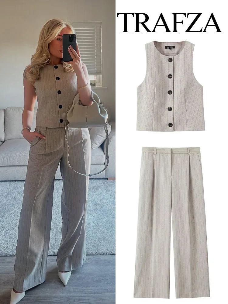 TRAFZA Women O-Neck Sleeveless Single-breasted Vest Top+High Waist Zipper Pocket Wide Leg Long Pants 2 Piece Stripe Set 2025 - MauBai